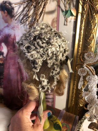 Sweet Antique Dark Blonde Mohair Doll Wig & Caracul Wool Hat 3