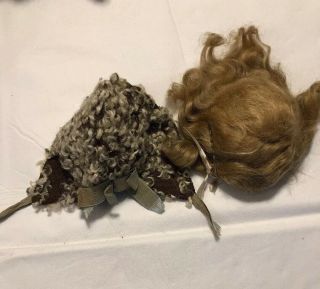 Sweet Antique Dark Blonde Mohair Doll Wig & Caracul Wool Hat 6