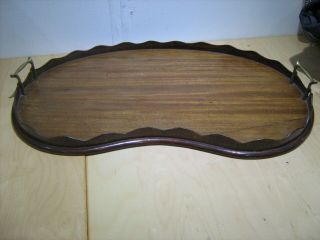 Vintage Large Mahogany Wood Kidney Shaped Serving Tray Brass Handles