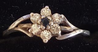Sterling Silver & Sapphire Vintage Art Deco Antique Flower Ring - Size M 1/2