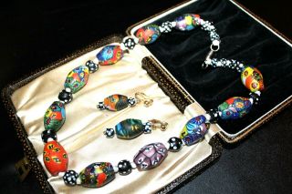 Antique Art Deco Matte Venetian Millefiori Large Beads Necklace Set 146g Fsu1