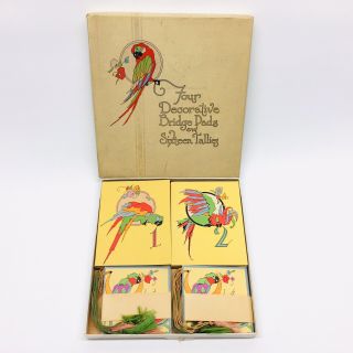 Antique Box Of 4 Gibson Paper Bridge Score Pads 16 Tally Sheets Art Deco Parrot