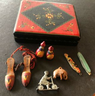 Antique Hand Painted Wood Box,  Hungary,  With Cracker Jacks Prizes & More