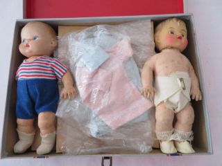 Vintage Vanta Rubber Dolls (2) & Case With Clothing And Accessories