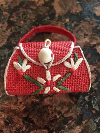Vintage Barbie Clone Tammy Tressy Doll Embroidered Floral Red Straw Bag Purse