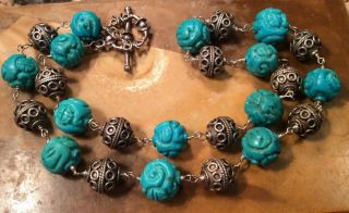 Vintage Chinese Carved Turquoise Shou Silver Filigree Bead Necklace 17 1/4”