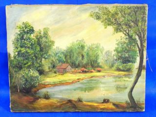 Antique Vintage Oil On Canvas Painting Unsigned Landscape Lake 18x14