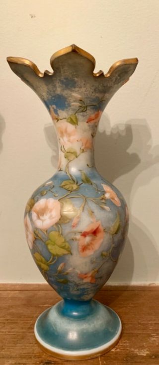 Antique French Opaline Glass Vase With Morning Glory Scene,  Late 1880’s