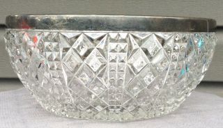 Antique Large Cut Glass Or Crystal Bowl With Silver Rim Old Heavy
