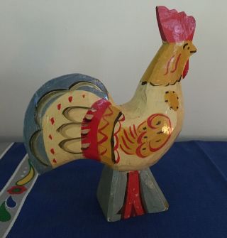 Antique White Red Blue Swedish Dala Rooster Chicken Carved Wood Painted Large