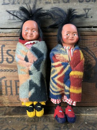 Pair Vintage Skookum Doll Bully Good Indian Native American Man Chief Blanket