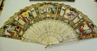 Fantastic Antique Hand Colored Ladies Face Fan Very Well Decorated