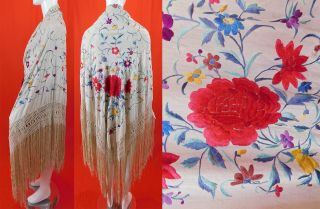 Antique Cream Silk Colorful Floral Embroidered Manton de Manila Piano Shawl Vtg 2