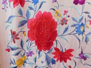 Antique Cream Silk Colorful Floral Embroidered Manton de Manila Piano Shawl Vtg 3