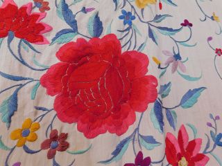 Antique Cream Silk Colorful Floral Embroidered Manton de Manila Piano Shawl Vtg 4