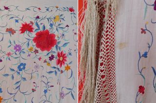 Antique Cream Silk Colorful Floral Embroidered Manton de Manila Piano Shawl Vtg 5