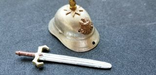 Antique German Metal Helmet With Sword Brass Details