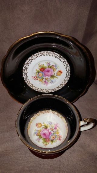 Vintage Eb Foley Bone China,  Black Floral Teacup And Saucer Set.  England,