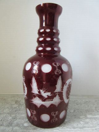 Antique Czech Ruby Flash Stained Cased Glass Cut To White Vase Stag Castle Bird