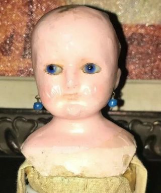 Antique German 13 " Wax - Paper Mache Doll Glass Eyes Earrings Boots Cloth Body