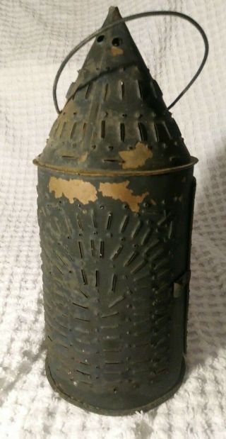 Early Antique Punched Pierced Tin Barn Candle Lantern Primitive Rivots