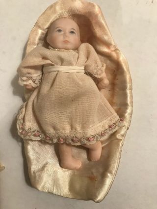 Vintage Miniature Porcelain Bisque 4” Baby Doll Lace On Dress With Flowers 2
