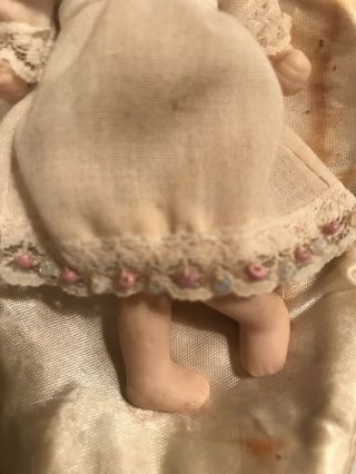 Vintage Miniature Porcelain Bisque 4” Baby Doll Lace On Dress With Flowers 3