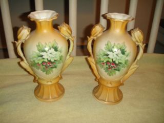 Antique Austrian Tulip Handle Urn Vase - Pair - Floral Body - Marked Bottom - Pottery