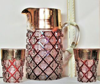 Antique Eapg Ruby Red Flash Stain Glass Pitcher & 2 - Tumblers Holds 16 - Cups Ec