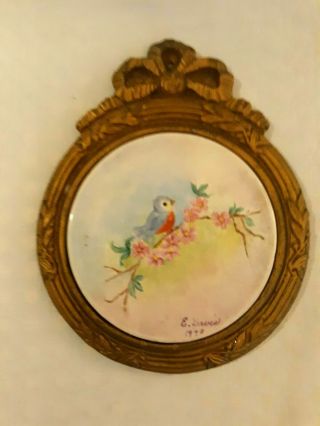 Vintage Shabby Chic Hand Painted Porcelain Bluebird Wall Plaque Gold Bow Frame
