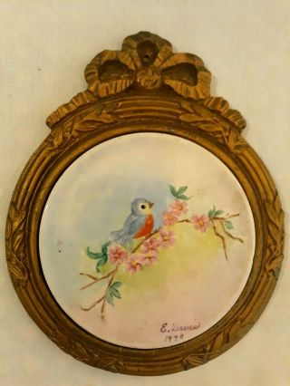 Vintage Shabby Chic Hand Painted Porcelain Bluebird Wall Plaque Gold Bow Frame 2