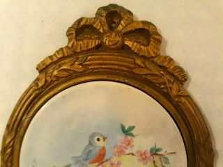 Vintage Shabby Chic Hand Painted Porcelain Bluebird Wall Plaque Gold Bow Frame 3