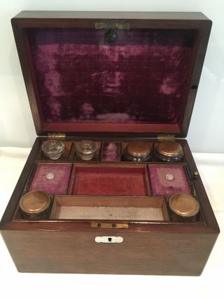 Antique 19thc Inlaid Writing Box With Fitted Interior,  Bottles