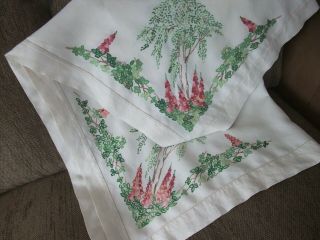 Vintage Hand Embroidered Linen Cloth - Hollyhocks And Weeping Willow Embroidery