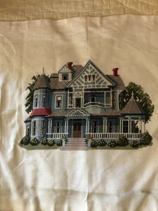 Counted Cross Stitch - Blue/white House - Ready To Frame - Completed