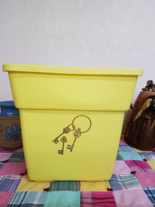 Vintage Yellow Plastic Trash Can Waste Basket Textured With Skeleton Keys Large