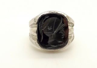 Antique Sterling Silver Mens Carved Intaglio Soldier Cameo Ring Size