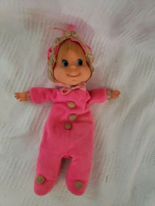 Vintage 1970 Mattel Baby Beans " Bitty " 11 " Blonde Doll Neon Pink Suit Pom Poms