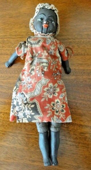 Antique Folk Art Black American Doll W Glass Eyes,  Org Dress,  Moving Mouth 10 "