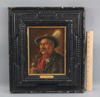 Small Antique Walter Roessler German Portrait Oil Painting,  Man W/ Pipe & Hat