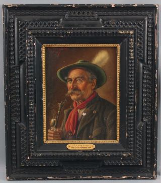 Small Antique WALTER ROESSLER German Portrait Oil Painting,  Man w/ Pipe & Hat 2