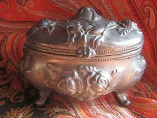 Victorian Antique Metal Jewelry Casket Trinket Box Nb Rogers Silver Plate Co.