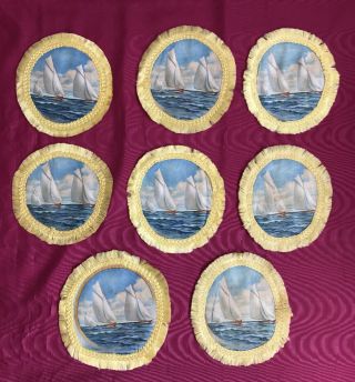 Set 8 Unusual Vintage Hand Made Silk Placemats Doilies Sailing Ships