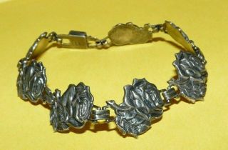 Vintage Antique Art Nouveau Sterling Silver Ornate " Rose " Flower 7.  5 " Bracelet