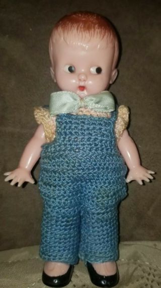 Vintage Knickerbocker Plastic Co.  Doll 5.  5 " Blue Coverall Crochet & Bow Tie