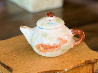 Vintage Miniature Dollhouse Artisan Teapot Asian Style Gold Fish