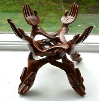 Vintage Hand Carved Wooden 4 Handed Alms Bowl Stand - Interlocking Puzzle Arms