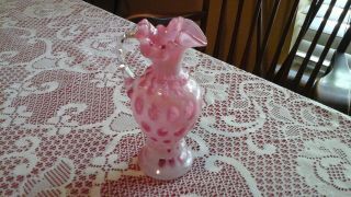 ANTIQUE FENTON PINK RUFFLED PITCHER,  WITH DOTS,  VERY PRETTY,  7 
