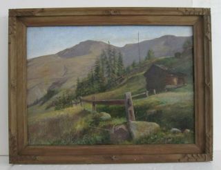 Antique Pnw Cabin In Mountain Landscape Oil Painting In Ornate Wood Frame 22x29
