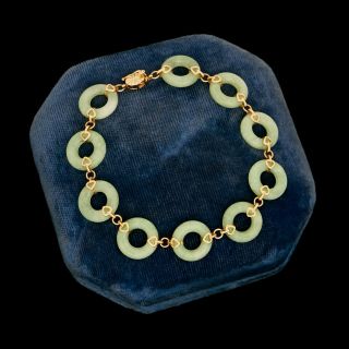 Antique Vintage Deco 14k Gold Chinese Jadeite Jade Donut Ring Tennis Bracelet